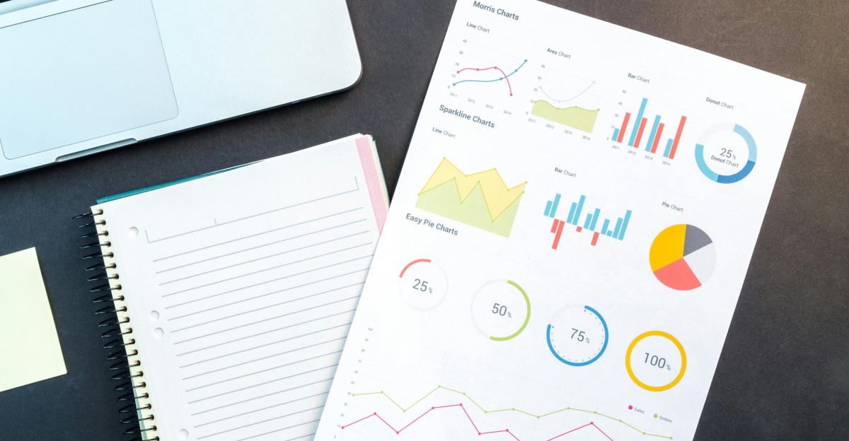 Flatlay of business report with colorful charts, a notebook, and a laptop for data analysis on a desk.