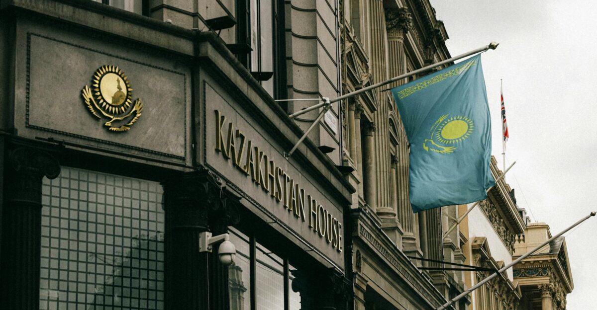 Kazakhstan House facade with flag and emblem in London showcasing diplomacy and architecture