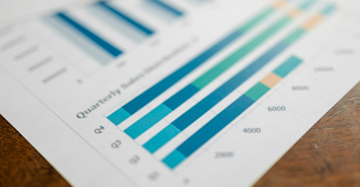 Close-up of a quarterly sales report showing bar charts on paper.