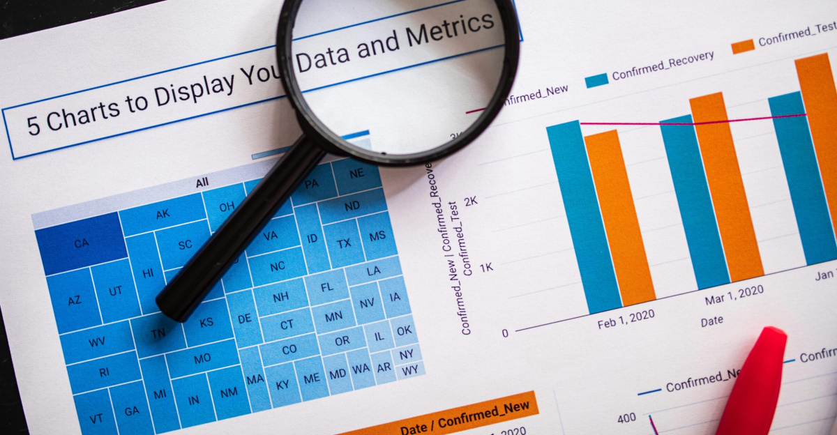 Close-up of business charts with magnifying glass highlighting data insights.