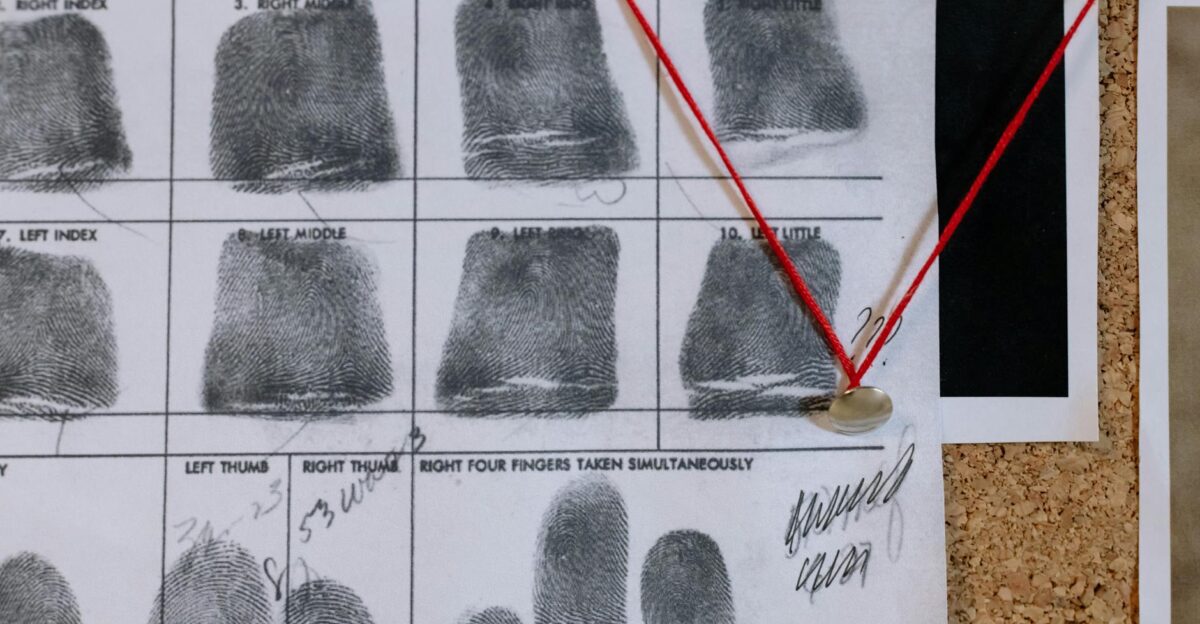 Detailed close-up of fingerprint card pinned on a corkboard showcasing identity documentation