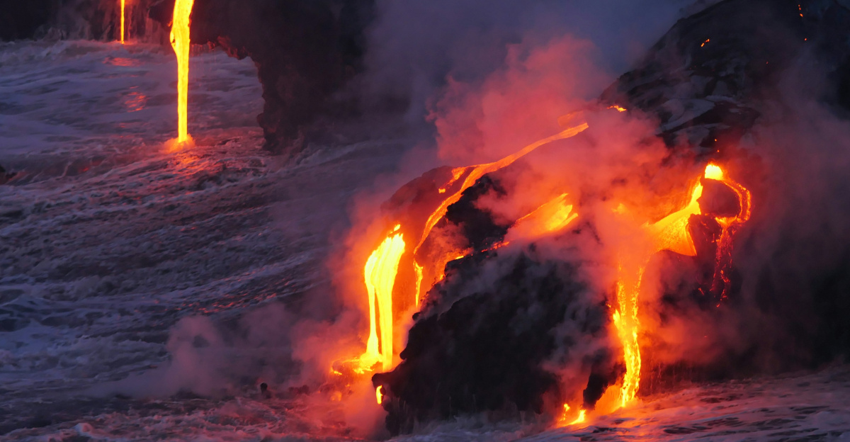 photo of lava flowing on land