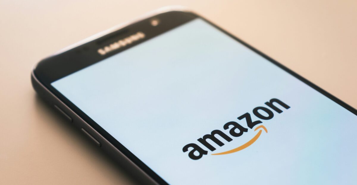 black Samsung Galaxy smartphone displaying Amazon logo
