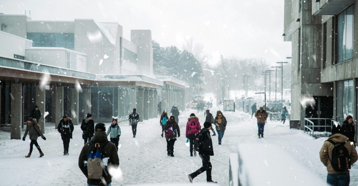 people walking near building during winter season