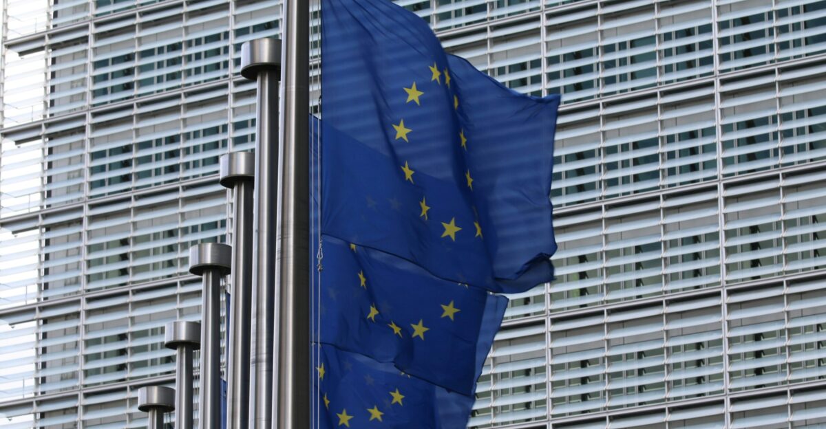 blue flag on pole near building during daytime