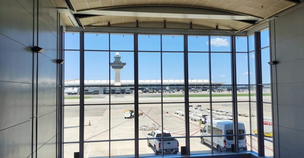 a view of an airport through a window