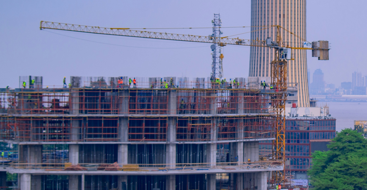 City skyline with buildings under construction.