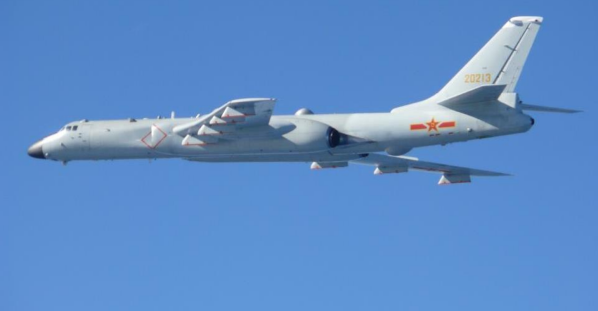 H-6 Bomber of the People s Republic of China PRC People s Liberation Army Air Force PLAAF photographed by scrambled Japanese fighters intercepting a joint Chinese-Russian bomber patrol through the East China Sea and into the Sea of Japan on 30 November 2022 Tail Number 20213 indicates the bomber is from the 28th Air Regiment 10th Air Division