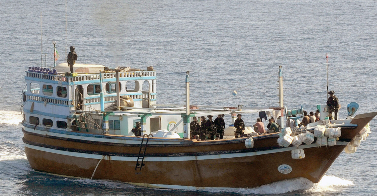 Royal Marines from Fleet Protection Group Royal Marines(FPGRM) carry out Boarding of suspicious dhow. On 25th May 09 HMS <i>Cumberland</i> (F85) deployed from Devonport to the Gulf of Aden and Horn of Africa region as part of the United Kingdom's contribution to maritime security in the region. These operations included counter-smuggling (arms and drugs), counter-terrorism and counter-piracy. CUMBERLAND's newly installed Pacific 24 Rigid Hull Inflatable Boats (RHIBs) were key to these roles and allowed the Ship's embarked Royal Marines and Royal Navy Boarding Teams, in conjunction with the Lynx aircraft, to intercept and board any vessels suspected of being involved in these activities.
<p>CUMBERLAND's presence in the area has been successful after she seized 12.4 tonnes of cannabis resin being smuggled in a dhow in July 09. Patrolling the so called 'Hash Highway' as part of Combined Task Force(CTF) 150, she successfully intercepted this, her first seizure of narcotics during the deployment.
Elements of this image have been digitally masked for personal and operational security.
</p>
<ul><li>Organization: Royal Navy</li>
<li>Object Name: 04142962</li>
<li>Category: RN</li>
<li>Keywords: HMS CUMBERLAND, FA090050, Boarding, Mk8 Lynx, PAC 24, PAC 22, Royal Marines, ECP, FPGRM, Boarding Team., POA(PHOT) Sean Clee, Peregrine10</li>
<li>Country: UK</li></ul>