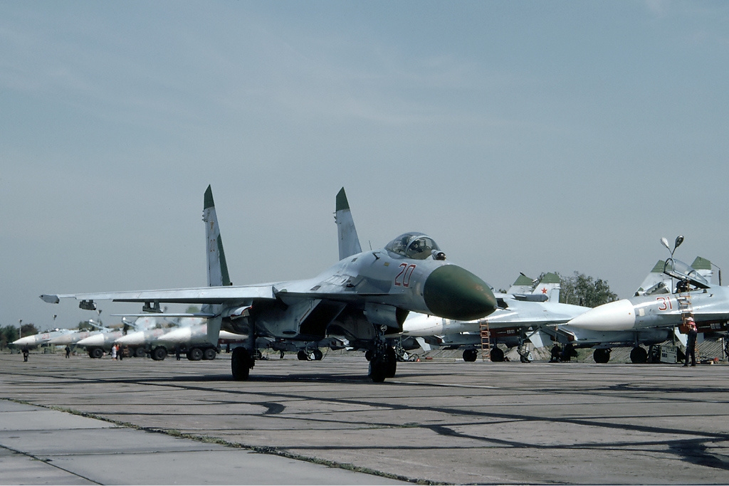Russian Air Force Sukhoi Su-27 Su-27S at Stargard Poland 20 red A Flanker of the 159th Interceptor Wing leaves its flightline for the last time That day the regiment returned to Russia