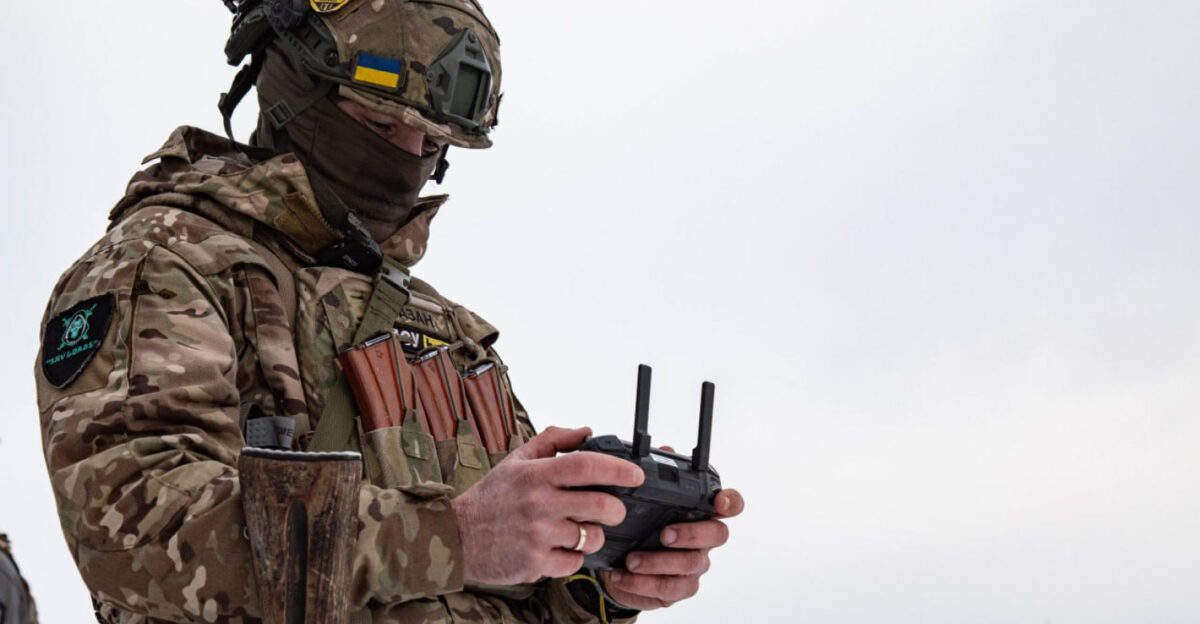 Ukrainian Border Guard servicemen with DJI Mavic drones