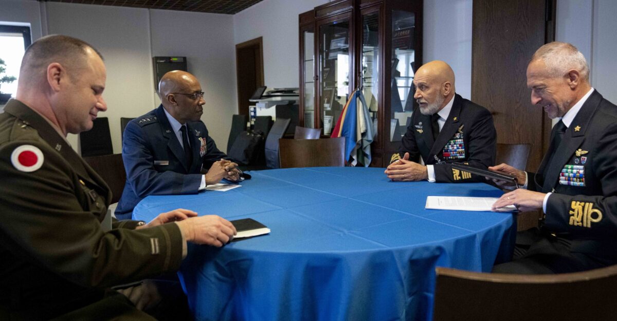 Chairman of the Joint Chiefs of Staff Gen CQ Brown Jr meets with Italian Chief of Defence Admiral Giuseppe Cavo Dragone during the Ukraine Defense Contact Group UDCG in Ramstein Germany March 19 2024 DOD Photo by Benjamin Applebaum