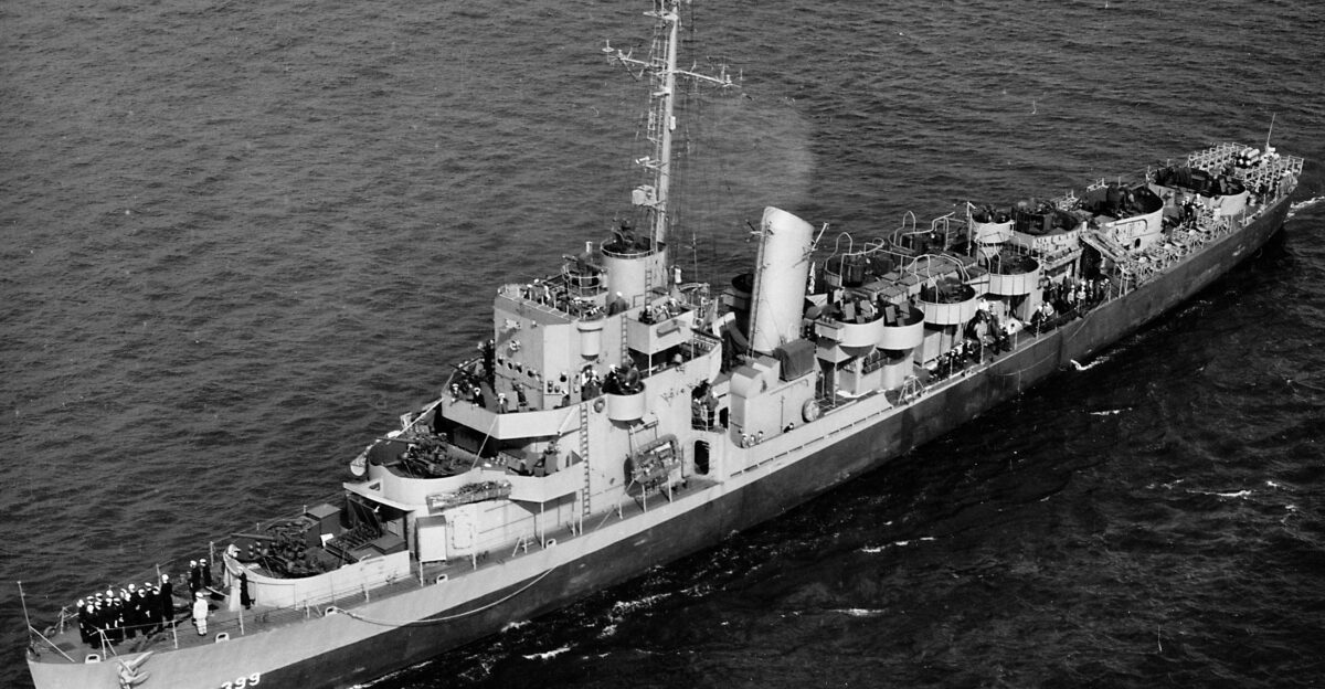 The U S Navy destroyer escort USS Stockdale DE-399 underway on 29 April 1945