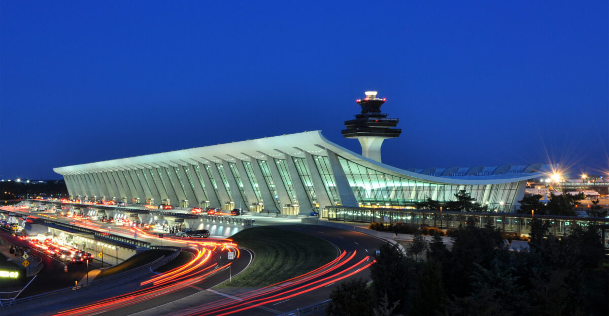 Main Terminal of Washington Dulles International Airport at dusk in Virginia USA
