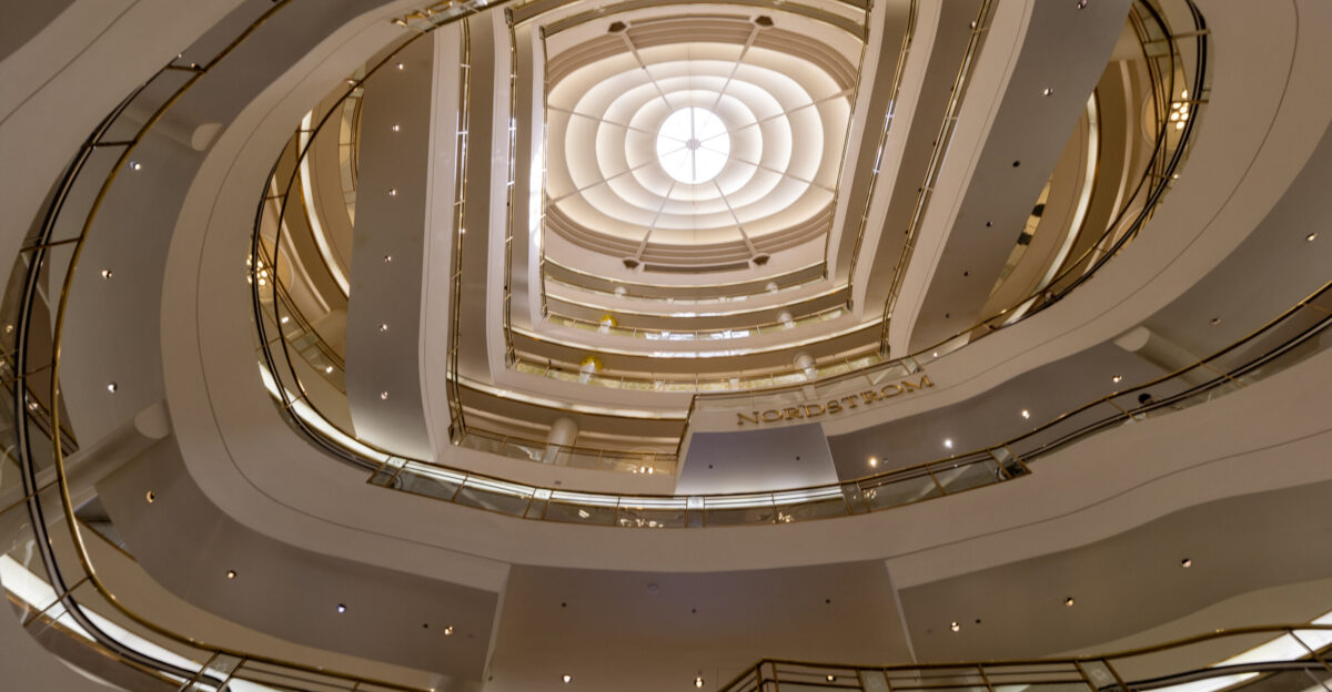 West atrium San Francisco Centre featuring its unusual curved escalators